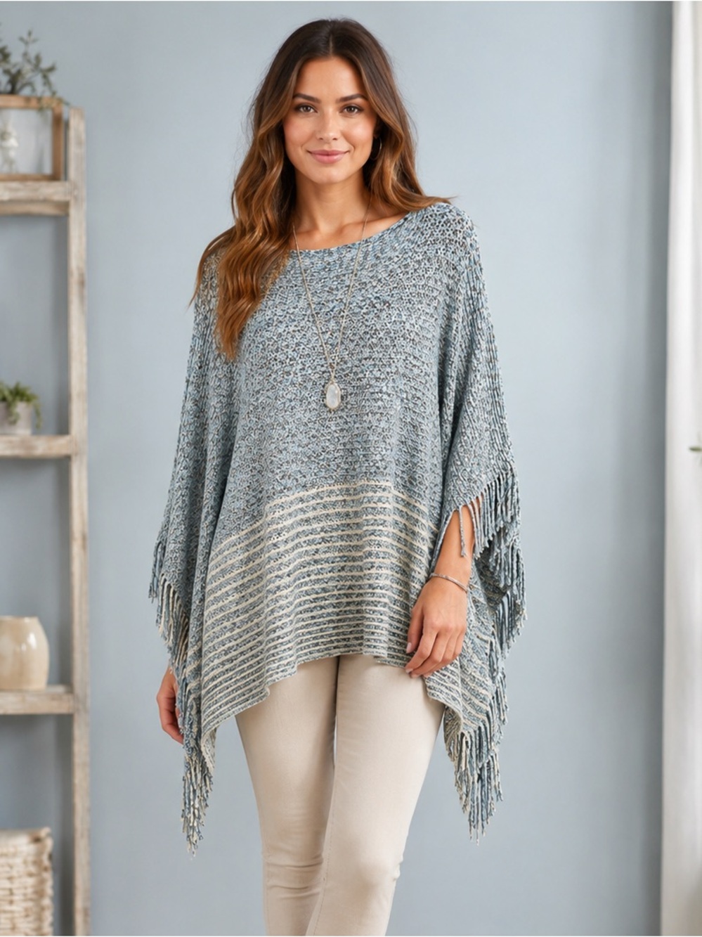 Raj Blue and Cream Fringe Knit Poncho Sweater NWOT